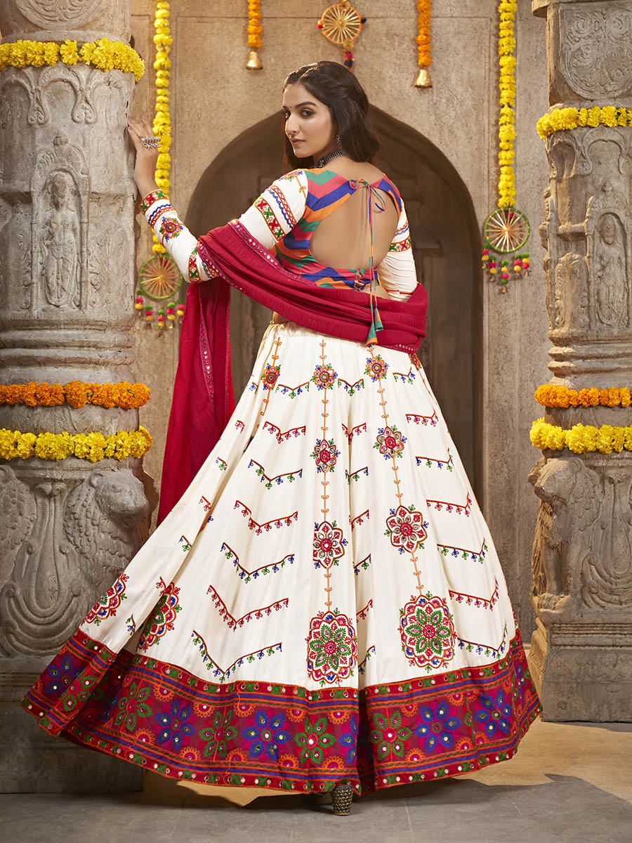 Pearl White Viscose Rayon and Cotton Embroidered with Print Designer Lehenga