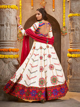 Pearl White Viscose Rayon and Cotton Embroidered with Print Designer Lehenga