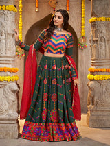 Green Viscose Rayon and Cotton Embroidered with Print Designer Lehenga