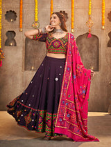 Purple Viscose Rayon and Cotton Embroidered with Print Designer Lehenga