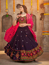 Purple Viscose Rayon and Cotton Embroidered with Print Designer Lehenga