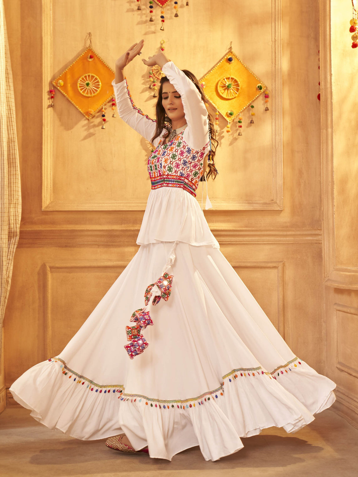 White Viscose Rayon Embroidered Designer Navratri Special Lehenga