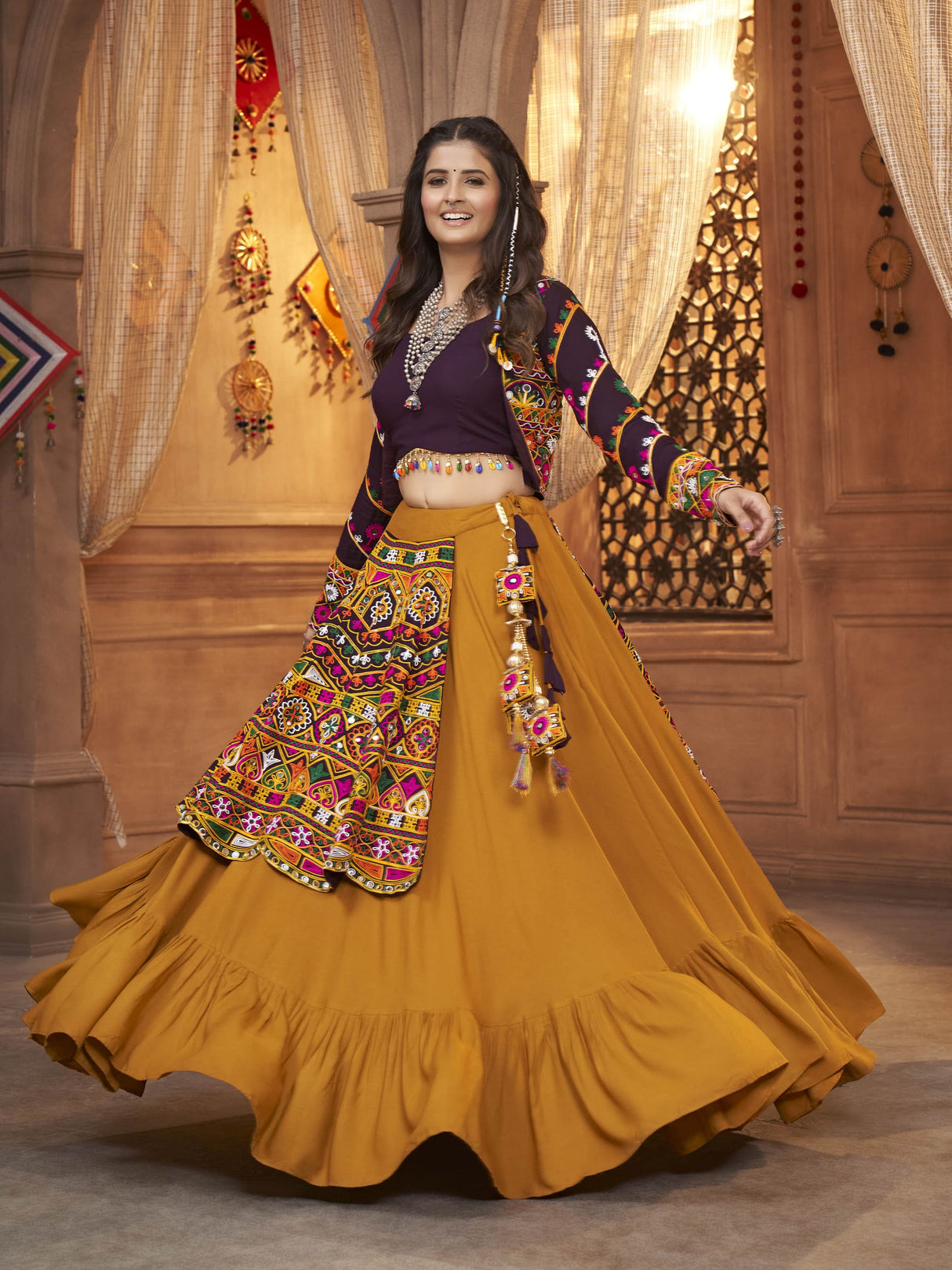 Mustard Yellow Koti Style Viscose Rayon Embroidered Designer Navratri Special Lehenga