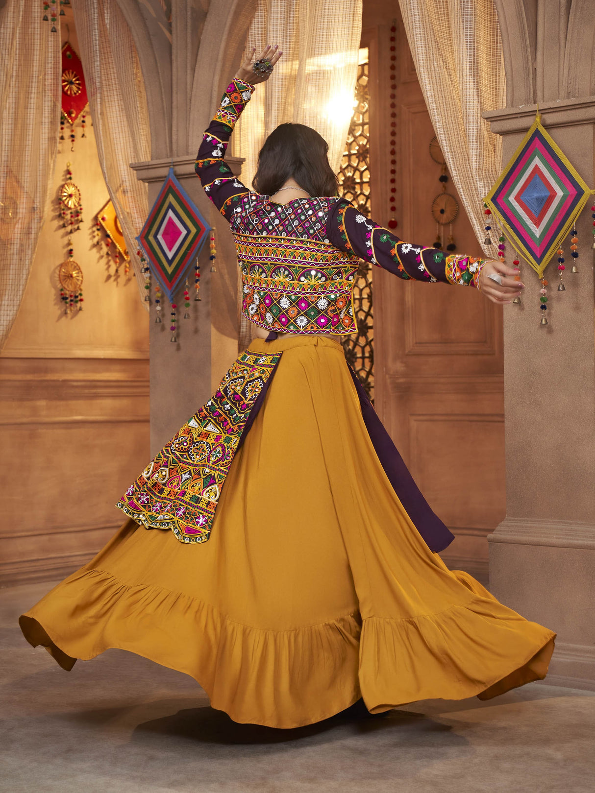 Mustard Yellow Koti Style Viscose Rayon Embroidered Designer Navratri Special Lehenga