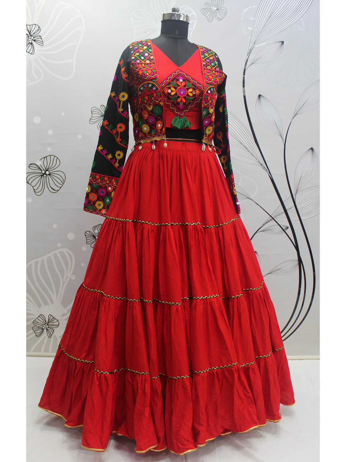 Red Viscose Rayon Embroidered Designer Navratri Special Lehenga