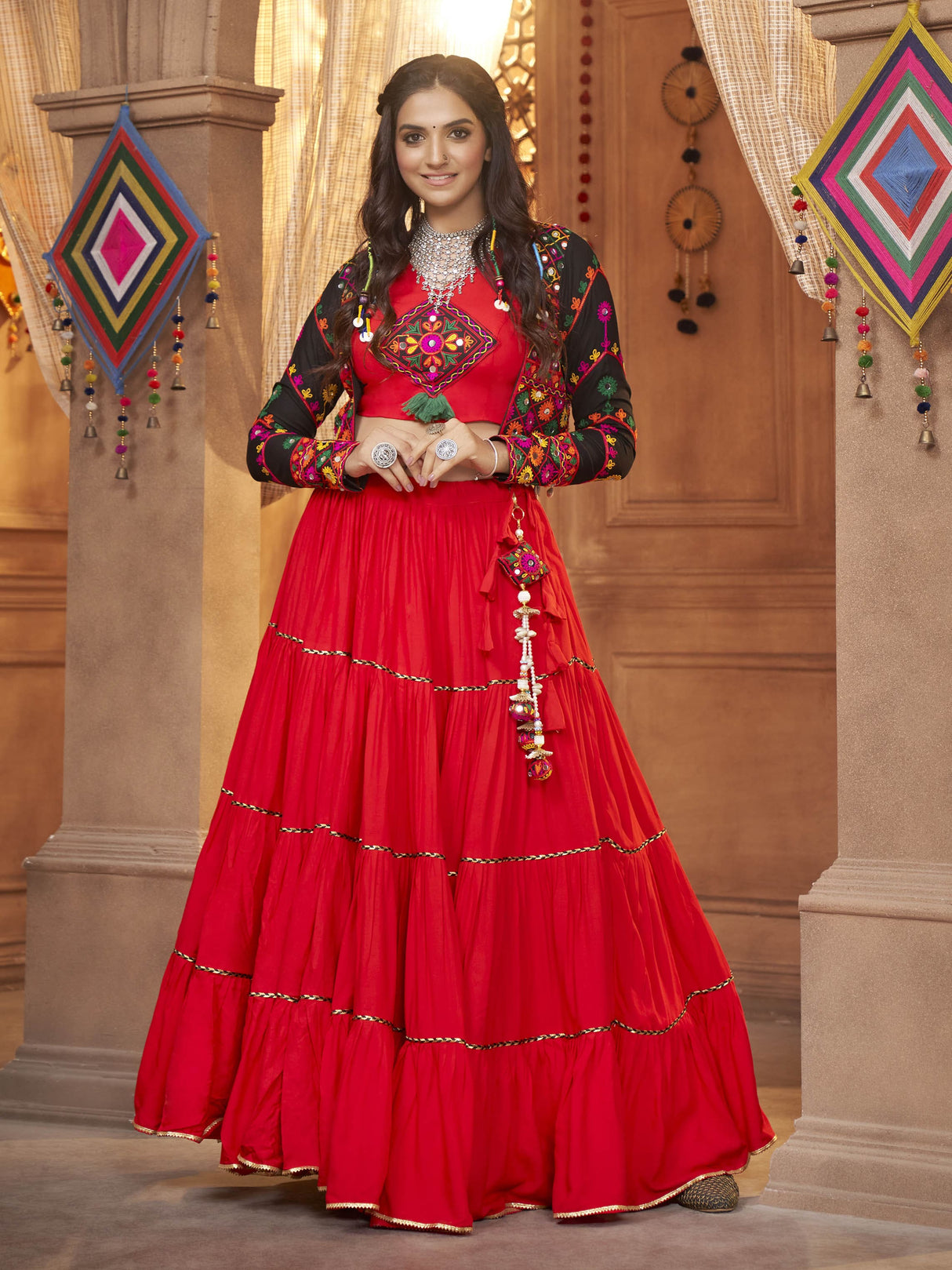 Red Viscose Rayon Embroidered Designer Navratri Special Lehenga