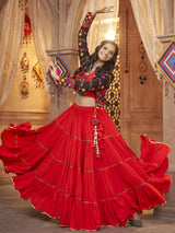 Red Viscose Rayon Embroidered Designer Navratri Special Lehenga