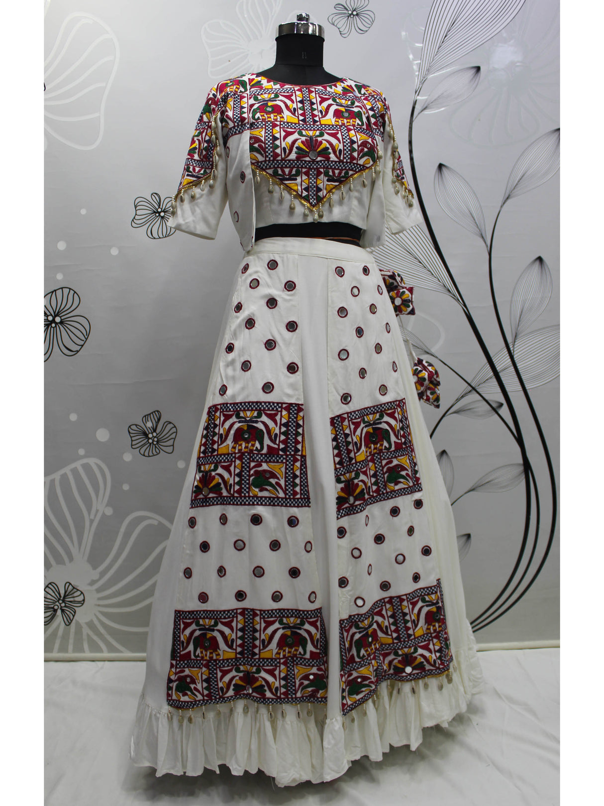 White Koti Style Viscose Rayon Embroidered Designer Navratri Special Lehenga