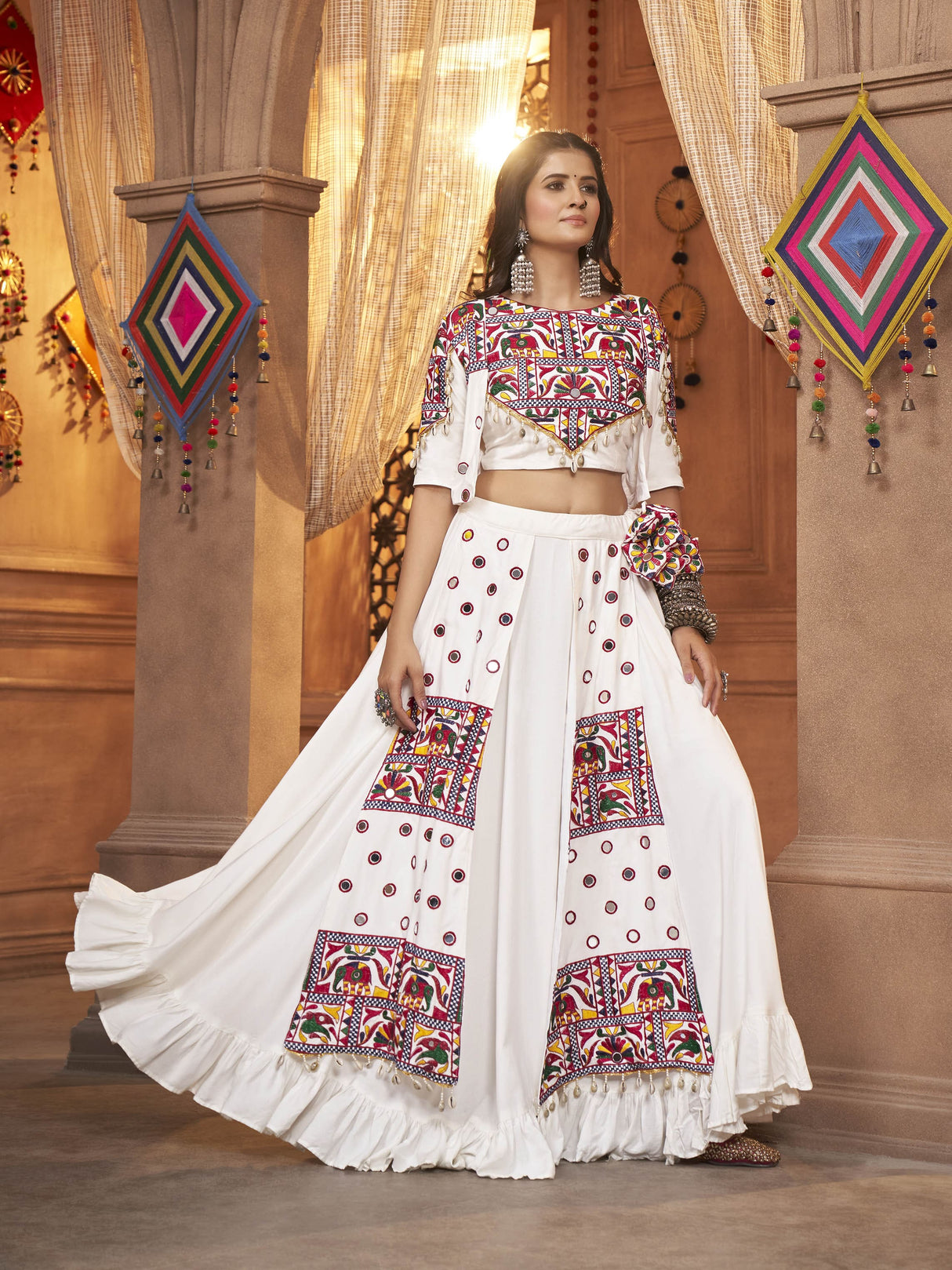 White Koti Style Viscose Rayon Embroidered Designer Navratri Special Lehenga