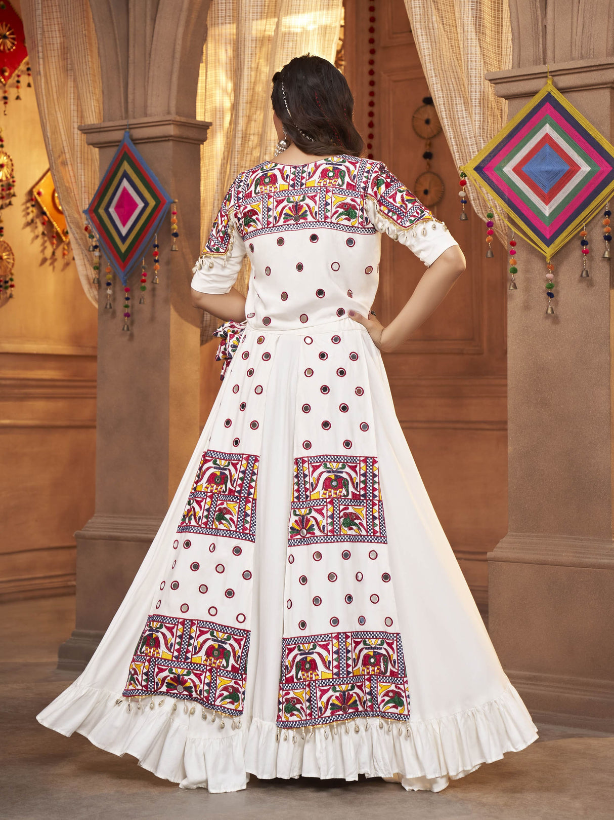 White Koti Style Viscose Rayon Embroidered Designer Navratri Special Lehenga