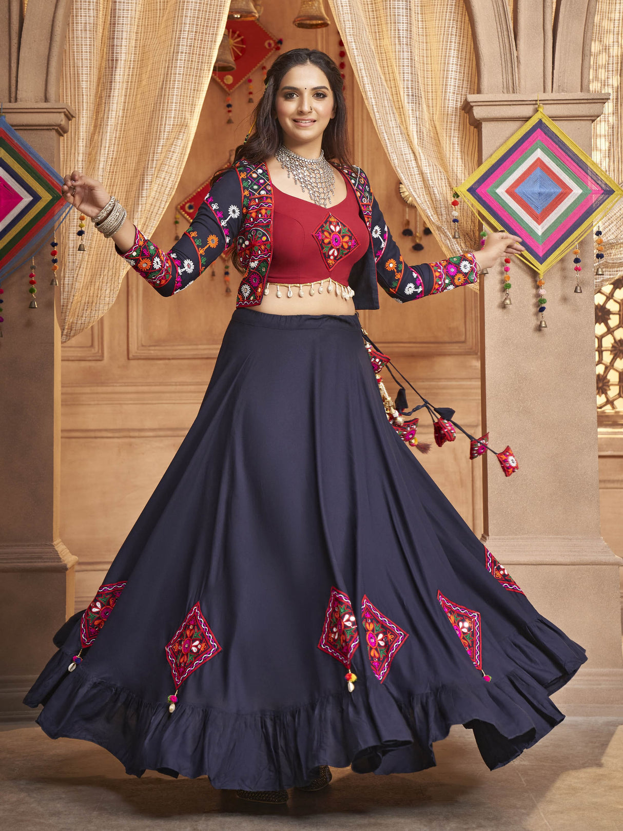 Navy Blue Koti Style Viscose Rayon Embroidered Designer Navratri Special Lehenga