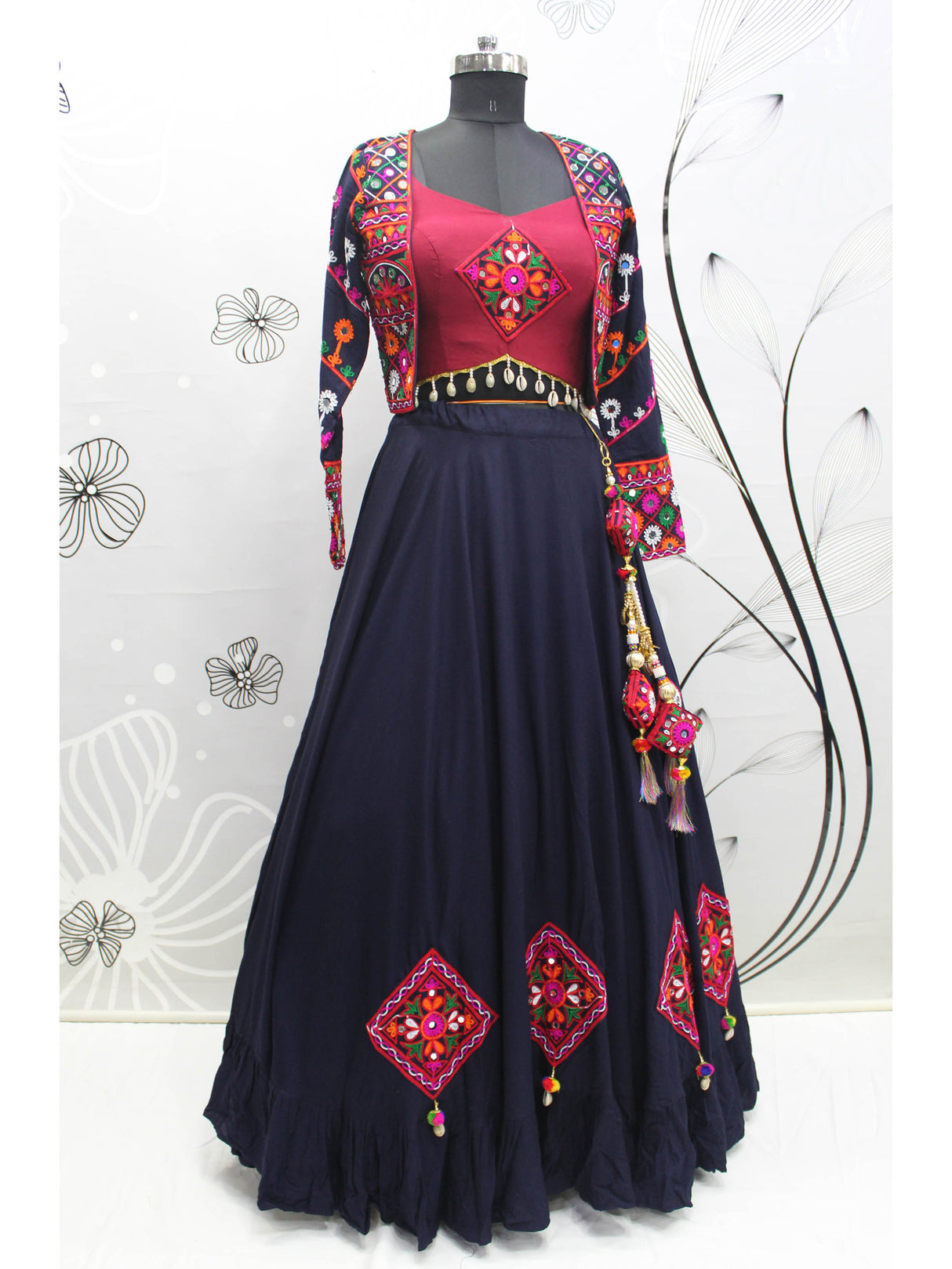 Navy Blue Koti Style Viscose Rayon Embroidered Designer Navratri Special Lehenga