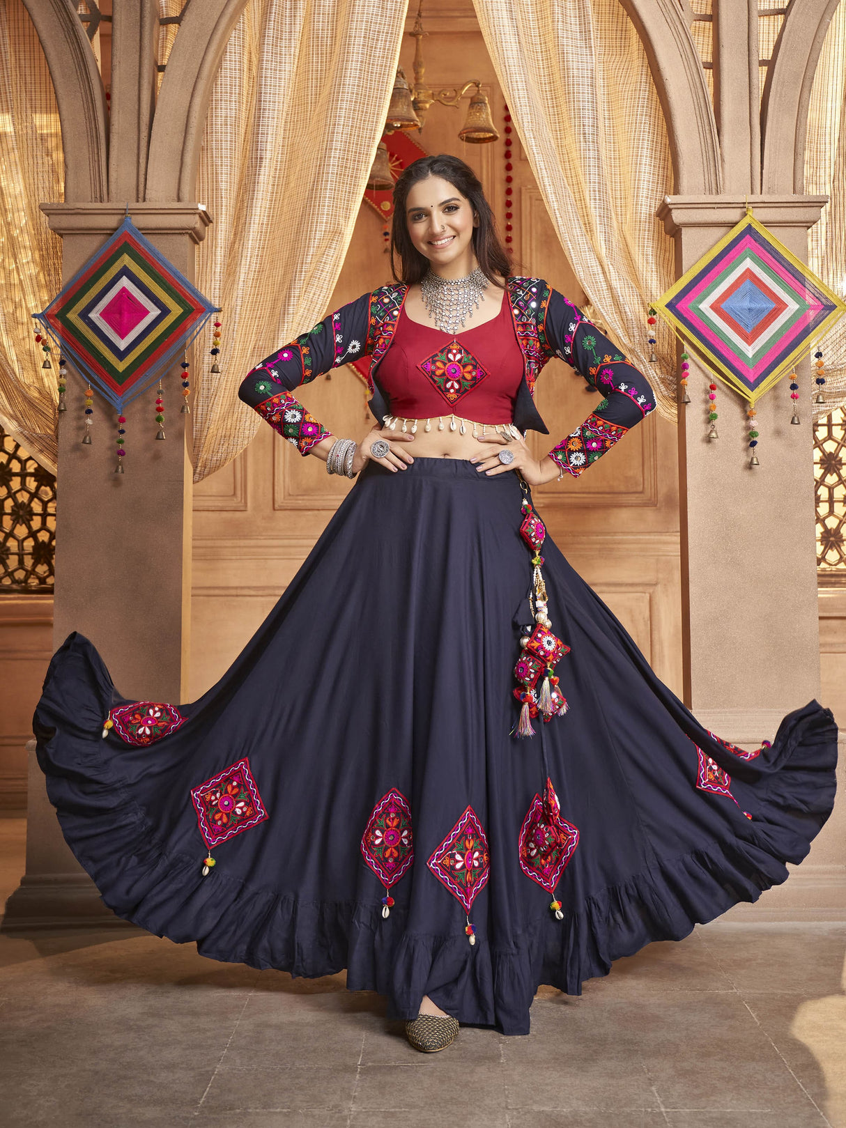 Navy Blue Koti Style Viscose Rayon Embroidered Designer Navratri Special Lehenga