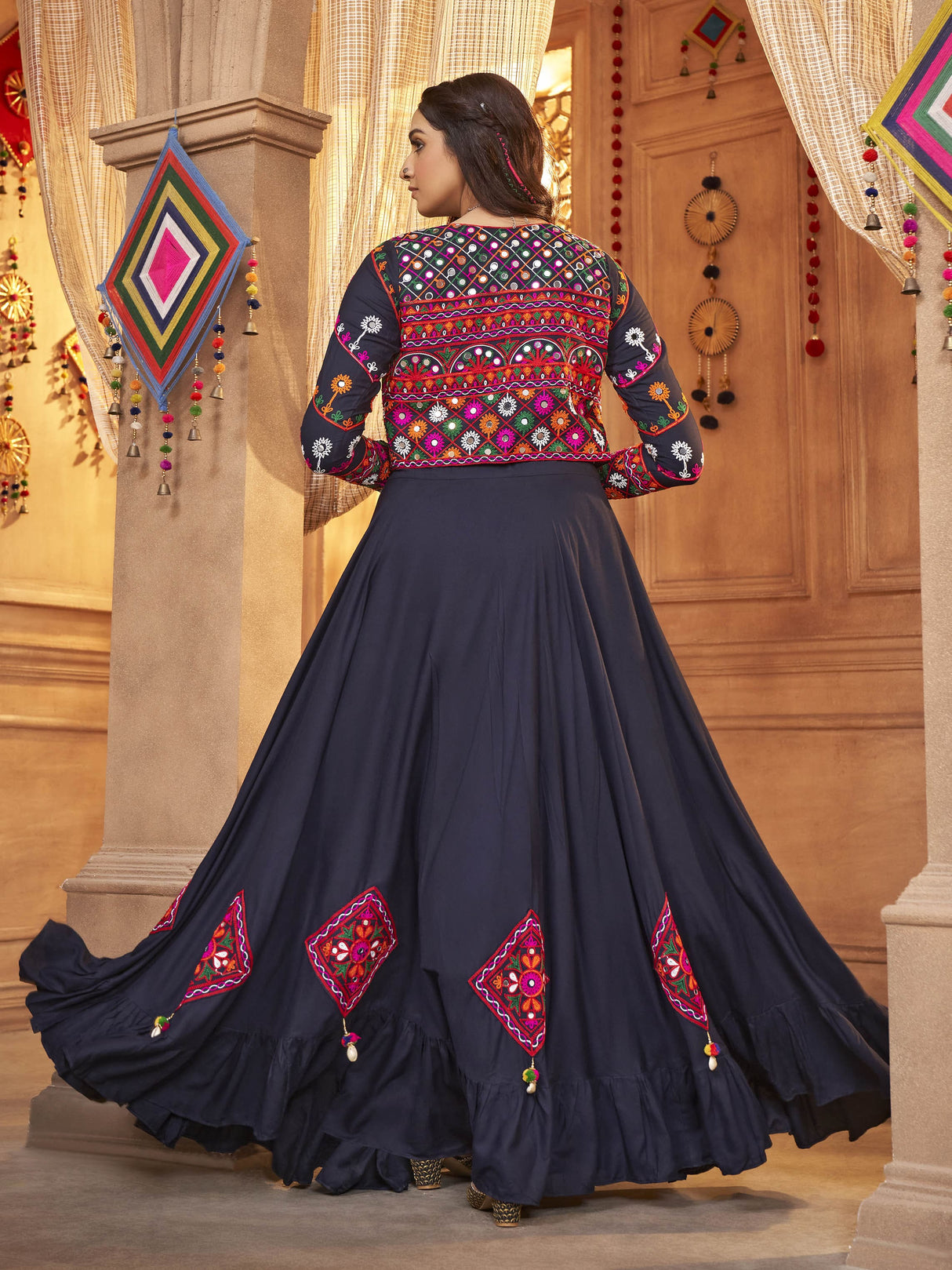 Navy Blue Koti Style Viscose Rayon Embroidered Designer Navratri Special Lehenga