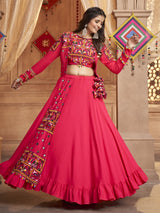 Rani and Pink Koti Style Viscose Rayon Embroidered Designer Navratri Special Lehenga