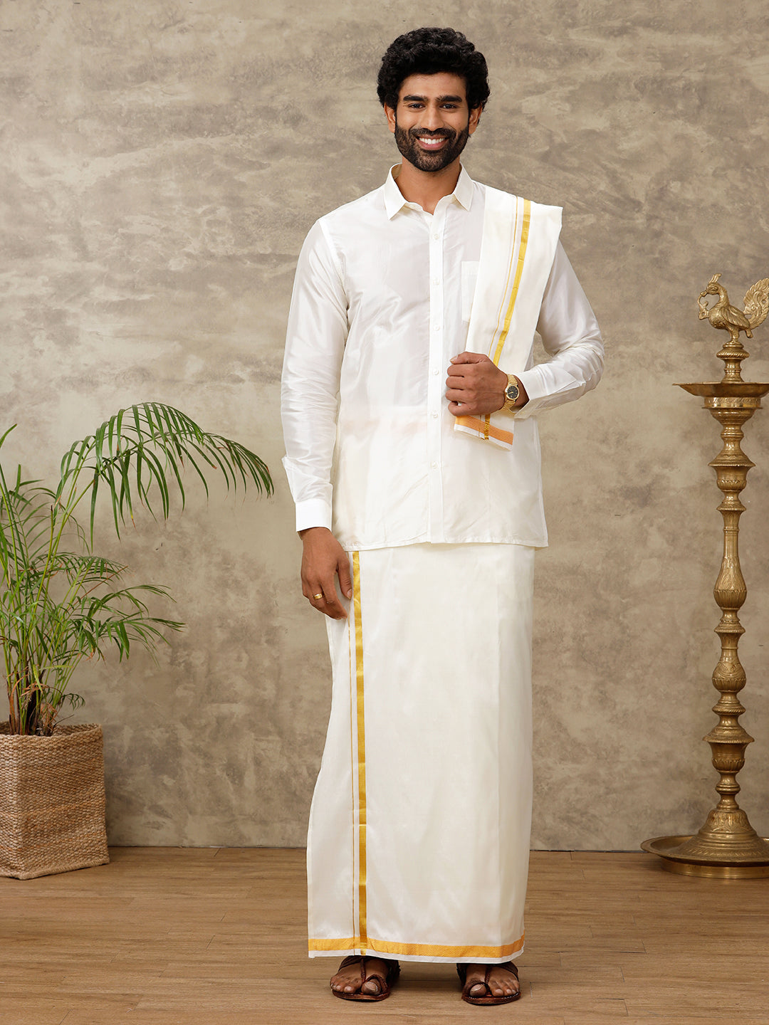 Wedding Art Silk Cream Dhoti Shirting & Towel Set Akshayam 50k