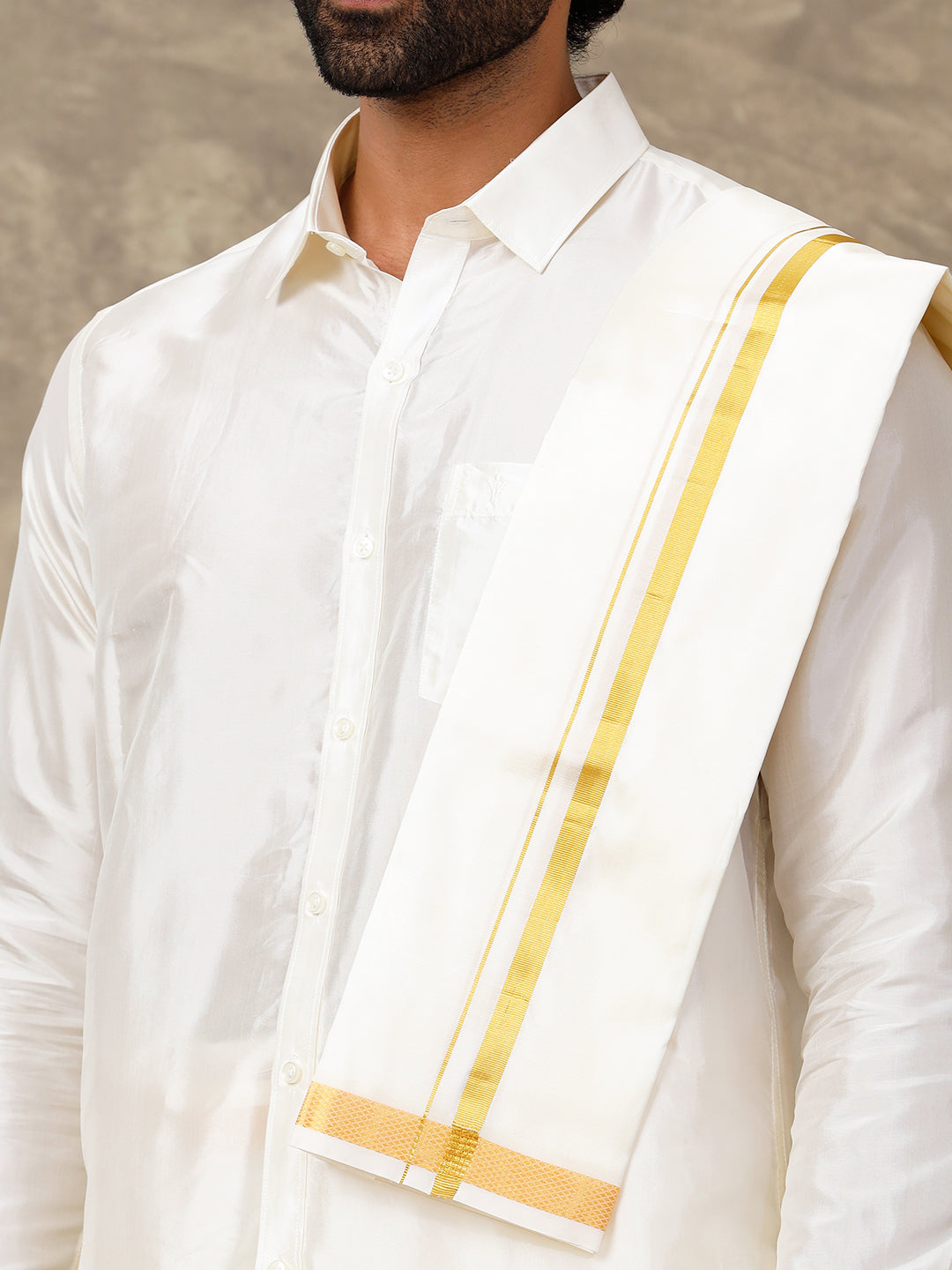 Wedding Art Silk Cream Dhoti Shirting & Towel Set Akshayam 50k