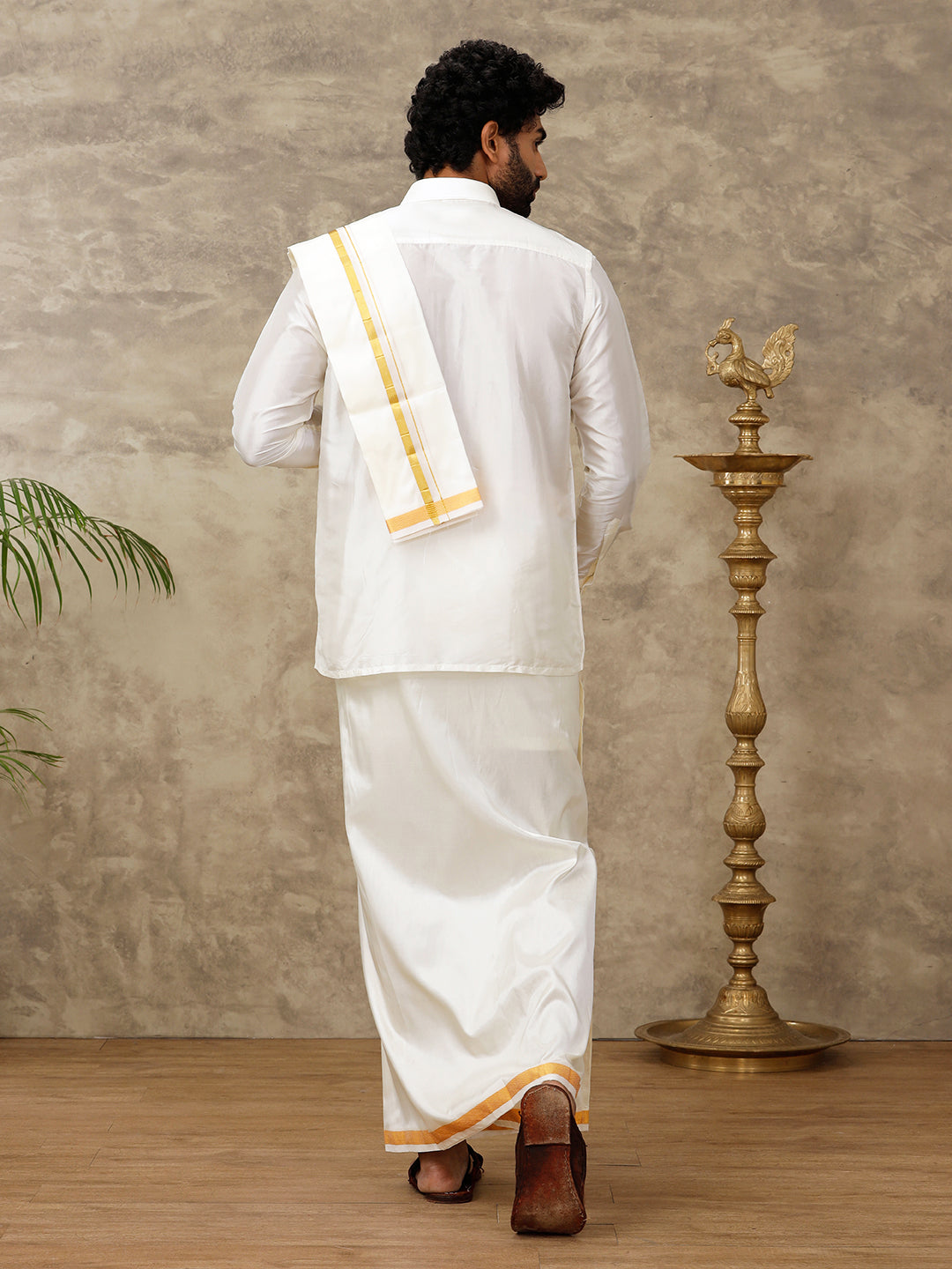 Wedding Art Silk Cream Dhoti Shirting & Towel Set Akshayam 50k