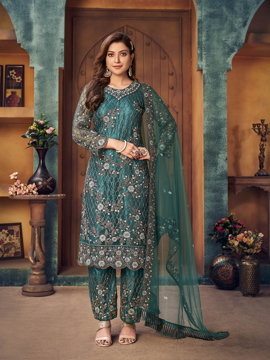 Rama Green Heavy Embroidered Pant Style Suit