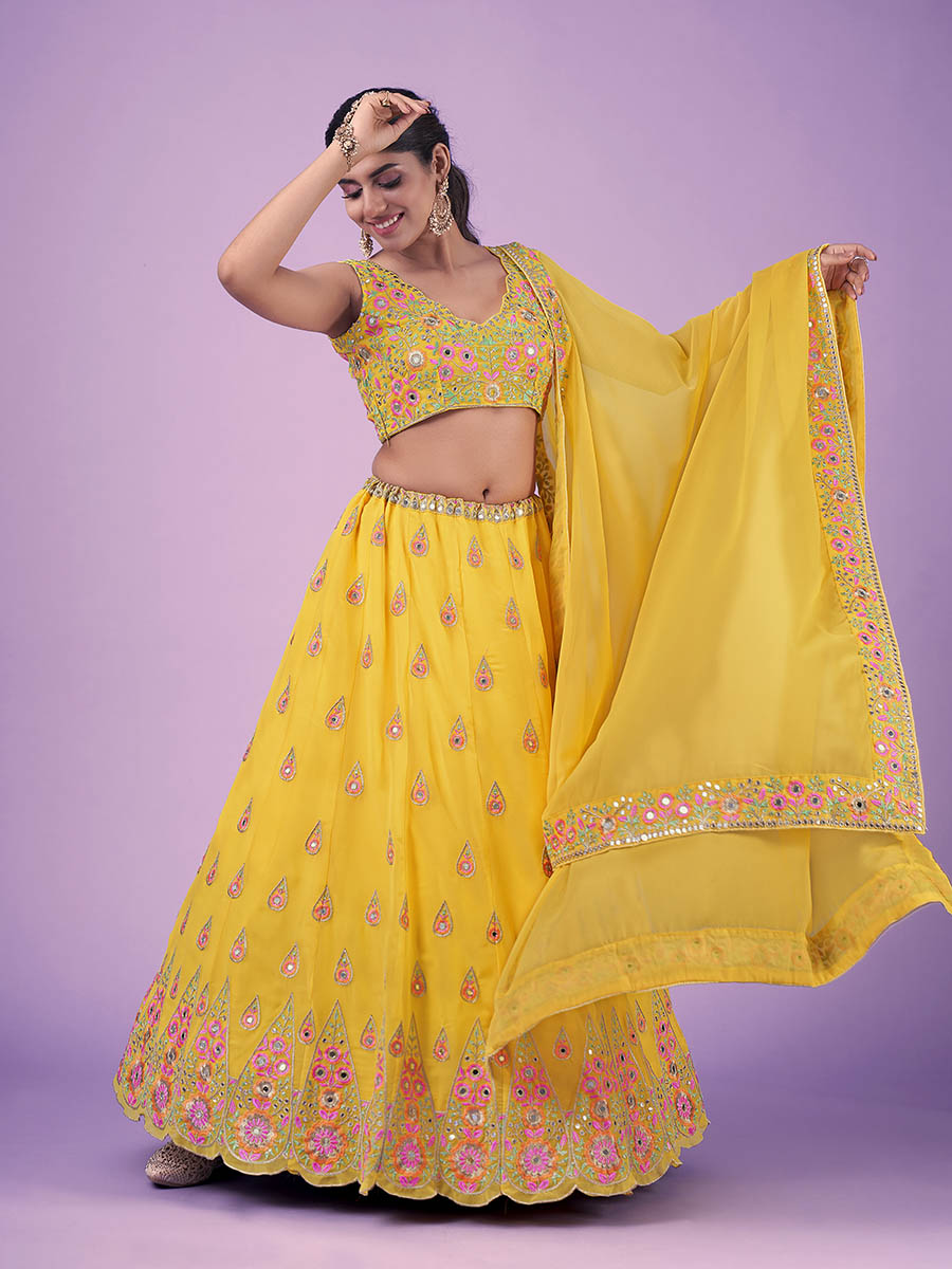 Yellow Georgette Embroidered Designer Lehenga