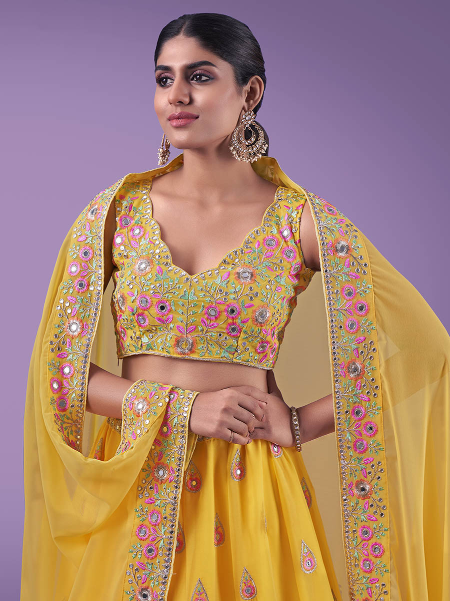 Yellow Georgette Embroidered Designer Lehenga