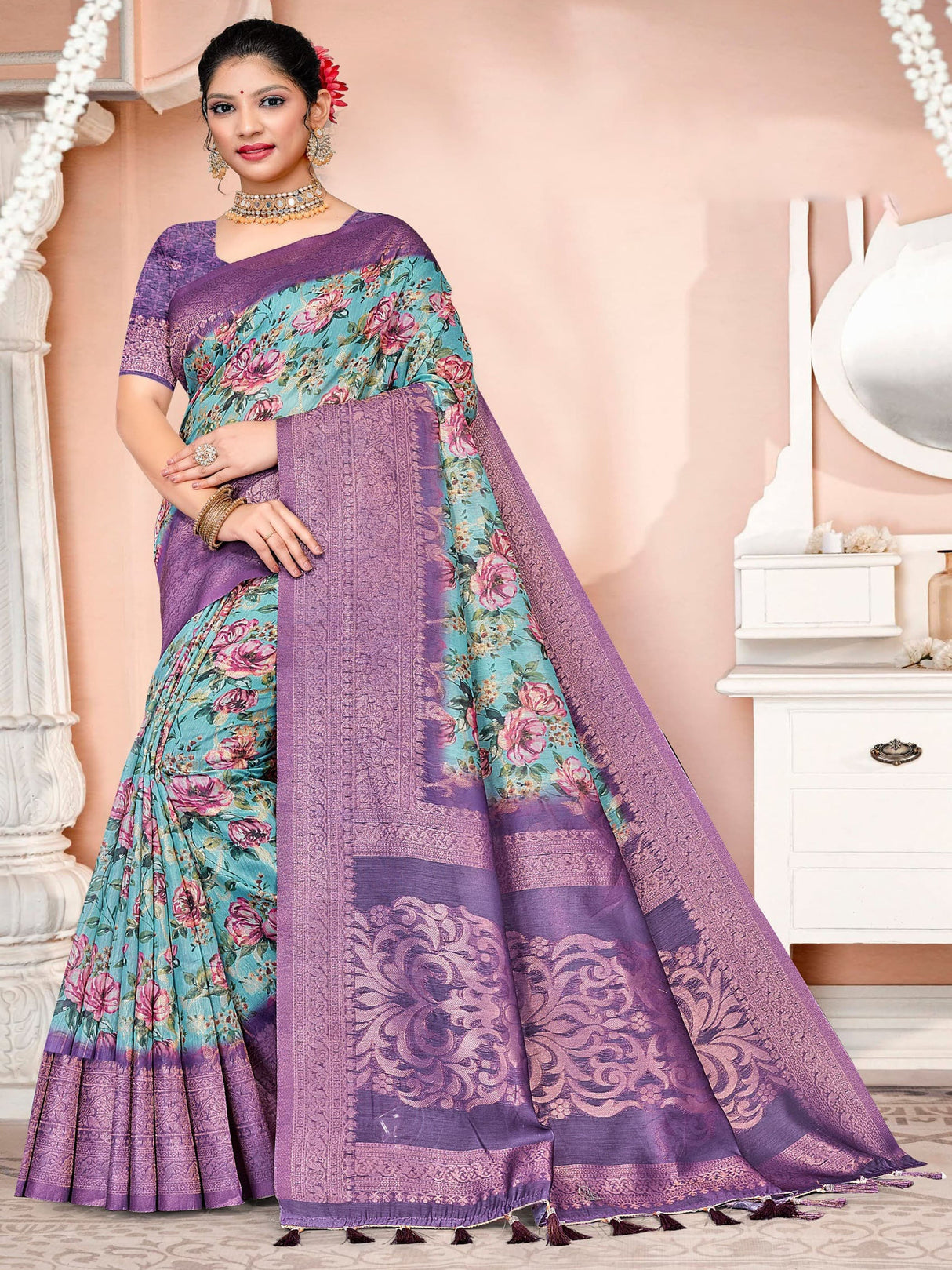 Sky Blue & Purple Chanderi Silk Saree