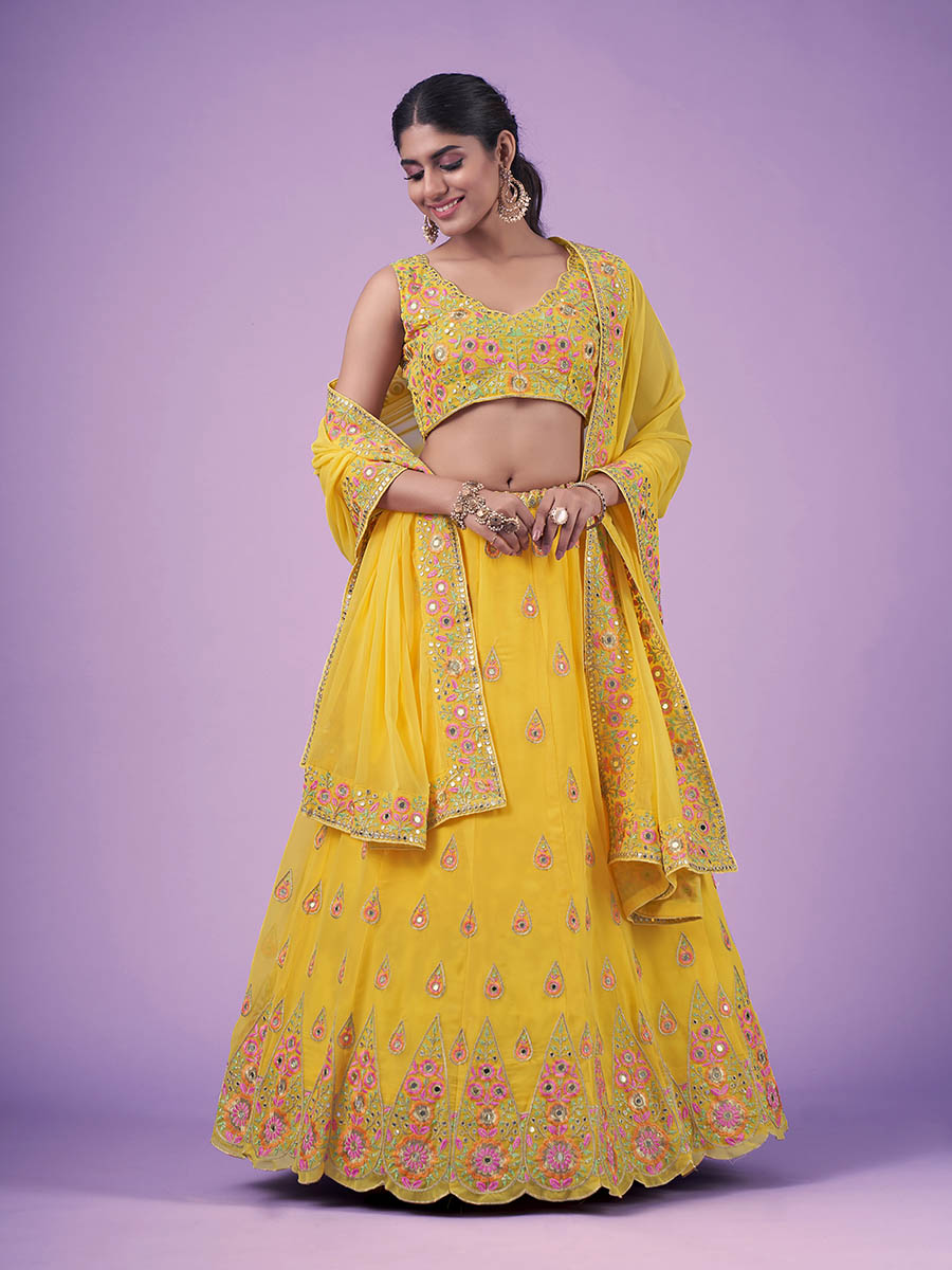 Yellow Georgette Embroidered Designer Lehenga