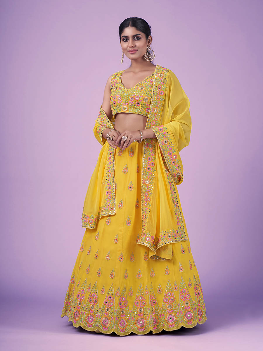 Yellow Georgette Embroidered Designer Lehenga