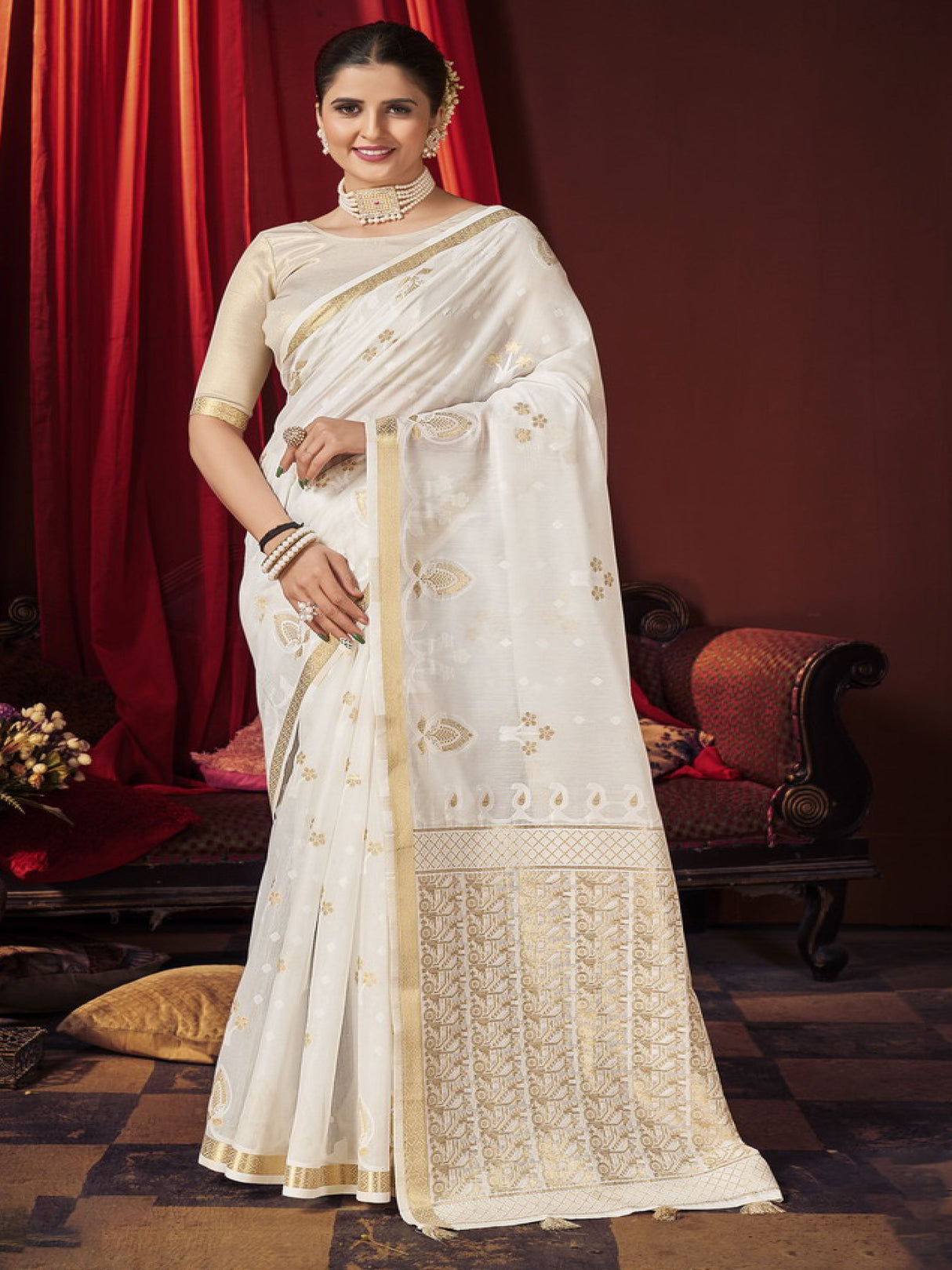 White Chanderi Cotton Saree-Sifha-5