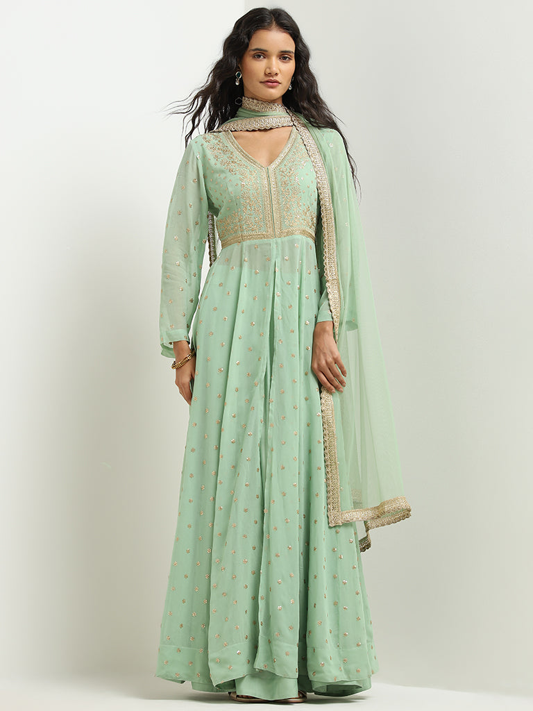 Vark Sea Green Embellished Kurta, Skirt and Dupatta Set