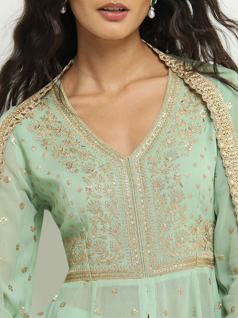 Vark Sea Green Embellished Kurta, Skirt and Dupatta Set