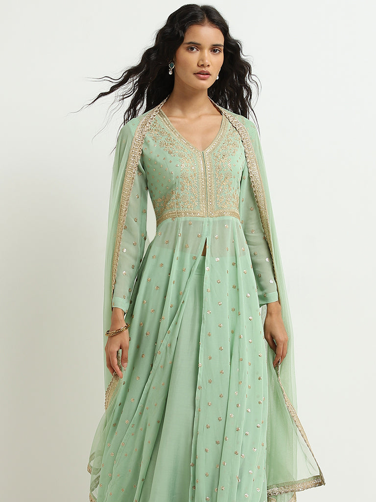 Vark Sea Green Embellished Kurta, Skirt and Dupatta Set