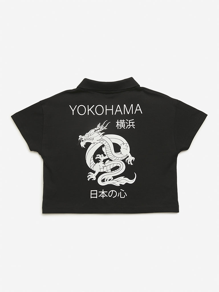 Y&F Kids Black Dragon Design Polo Crop T-Shirt