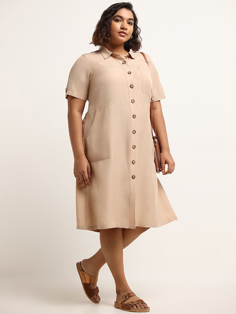 Gia Beige Button Down Shirt Dress