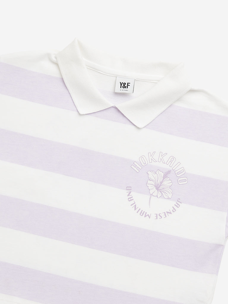 Y&F Kids Lilac Stripes Printed Polo Crop T-Shirt