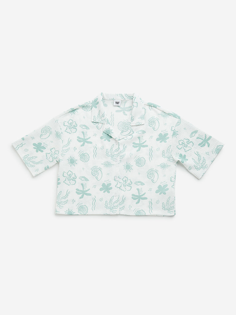 Y&F Kids Light Teal Printed Cotton Shirt