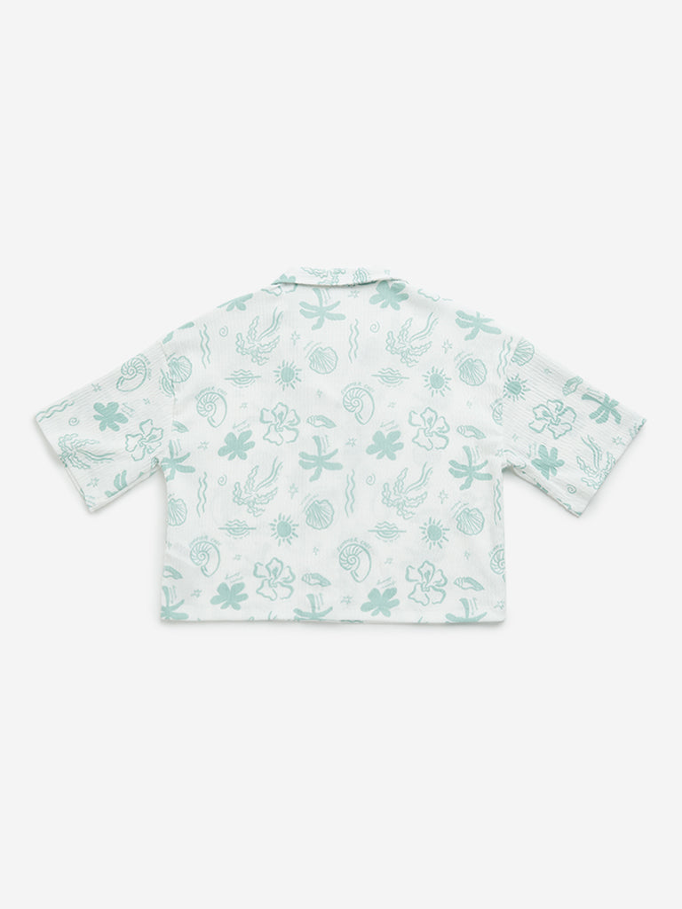 Y&F Kids Light Teal Printed Cotton Shirt