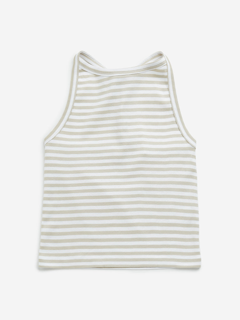 Y&F Kids Beige Striped Halter-Neck Cotton Top