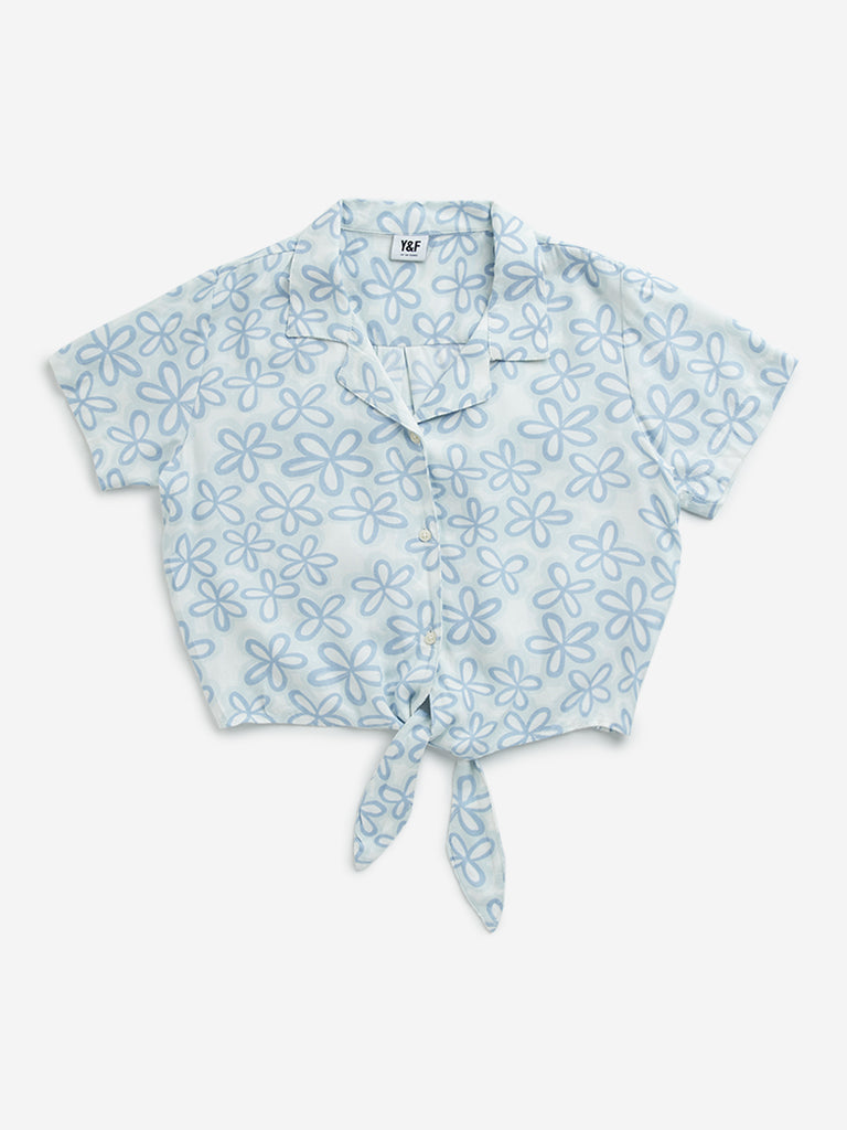 Y&F Kids Blue Floral Design Cotton Shirt