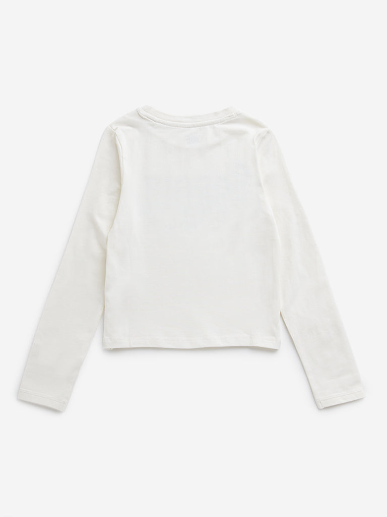 Y&F Kids Off-White Text Printed Cotton Blend Top