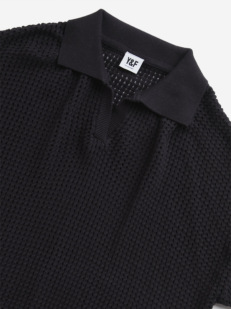 Y&F Kids Black Knit-Textured Cotton T-Shirt