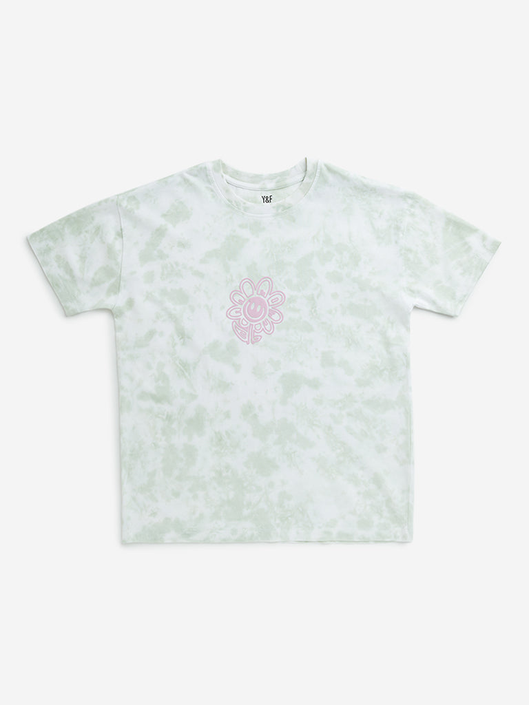 Y&F Kids Green Tie-Dye Printed Cotton T-Shirt