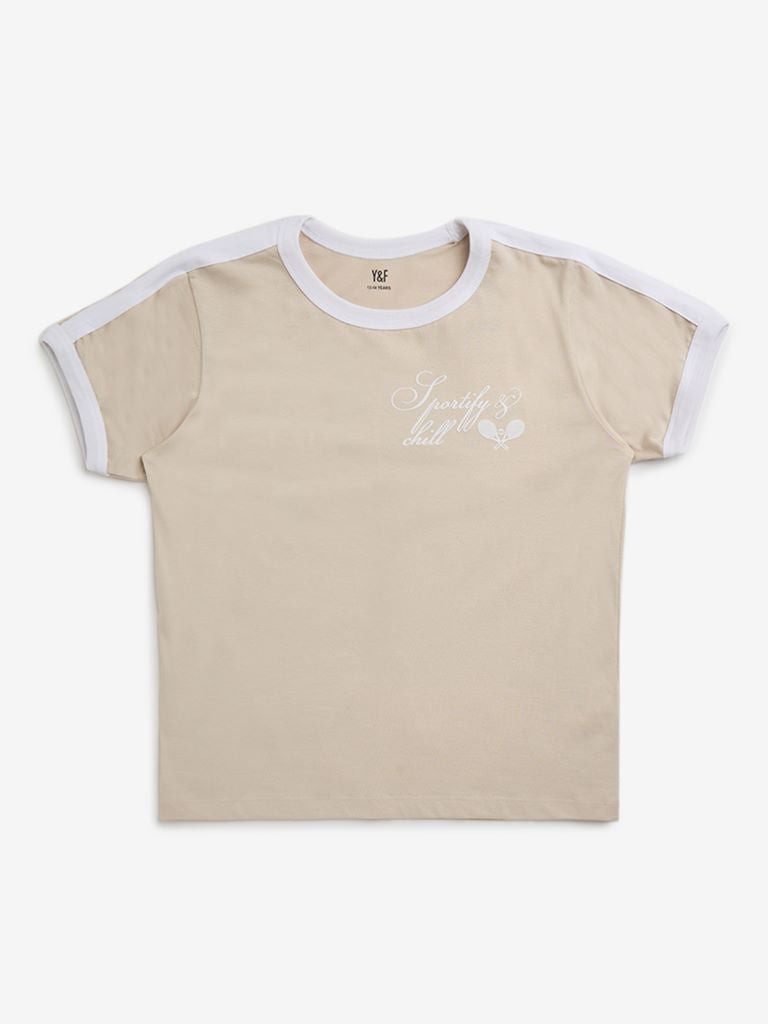 Y&F Kids Beige Text Patterned Cotton T-Shirt