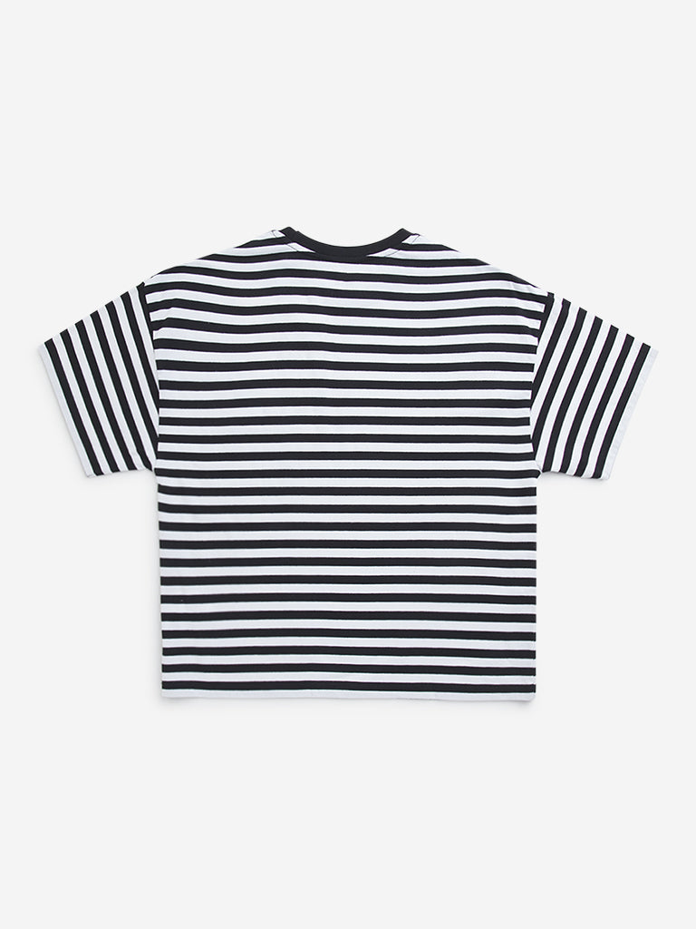 Y&F Kids Black Stripe Printed Cotton T-Shirt