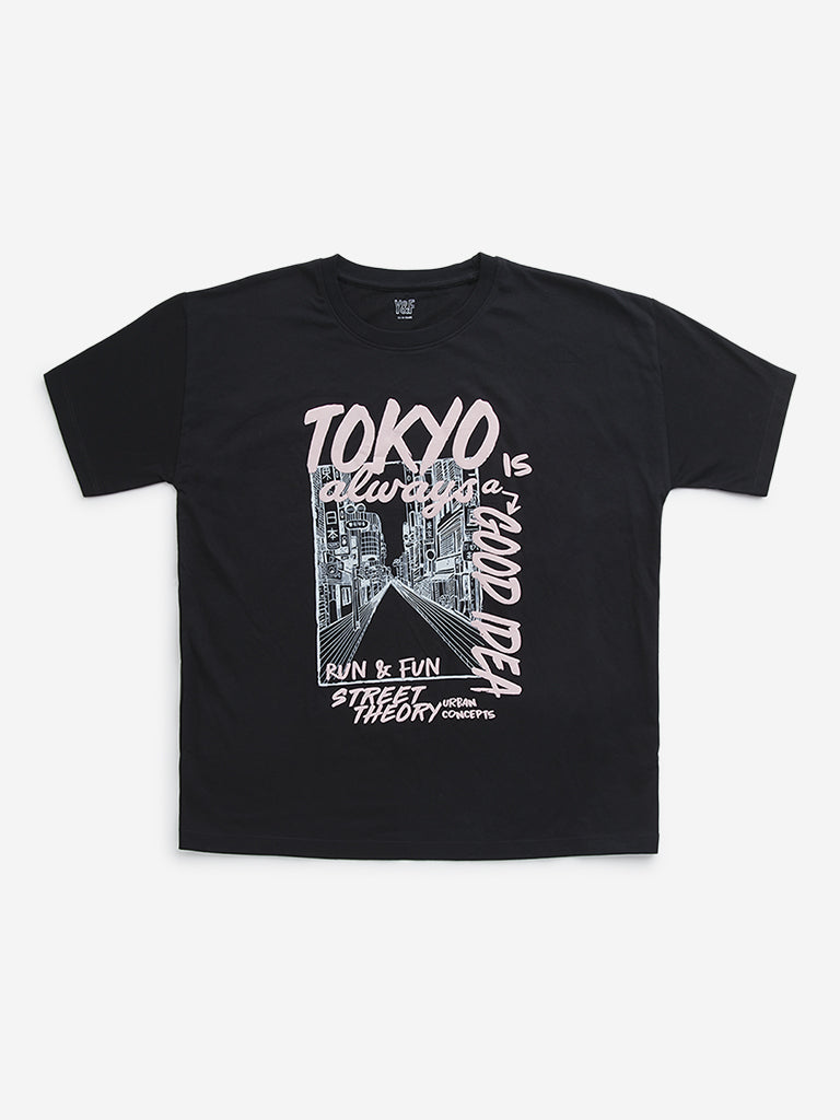 Y&F Kids Black Cityscape Design Cotton T-Shirt