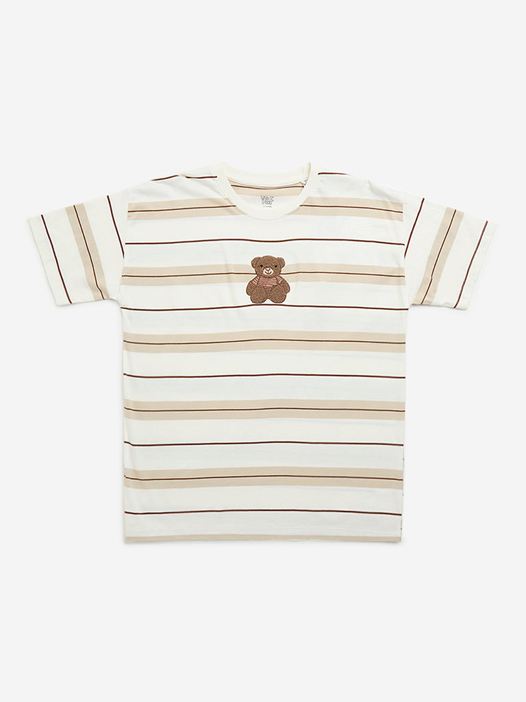 Y&F Kids Brown Striped and Printed Cotton T-Shirt