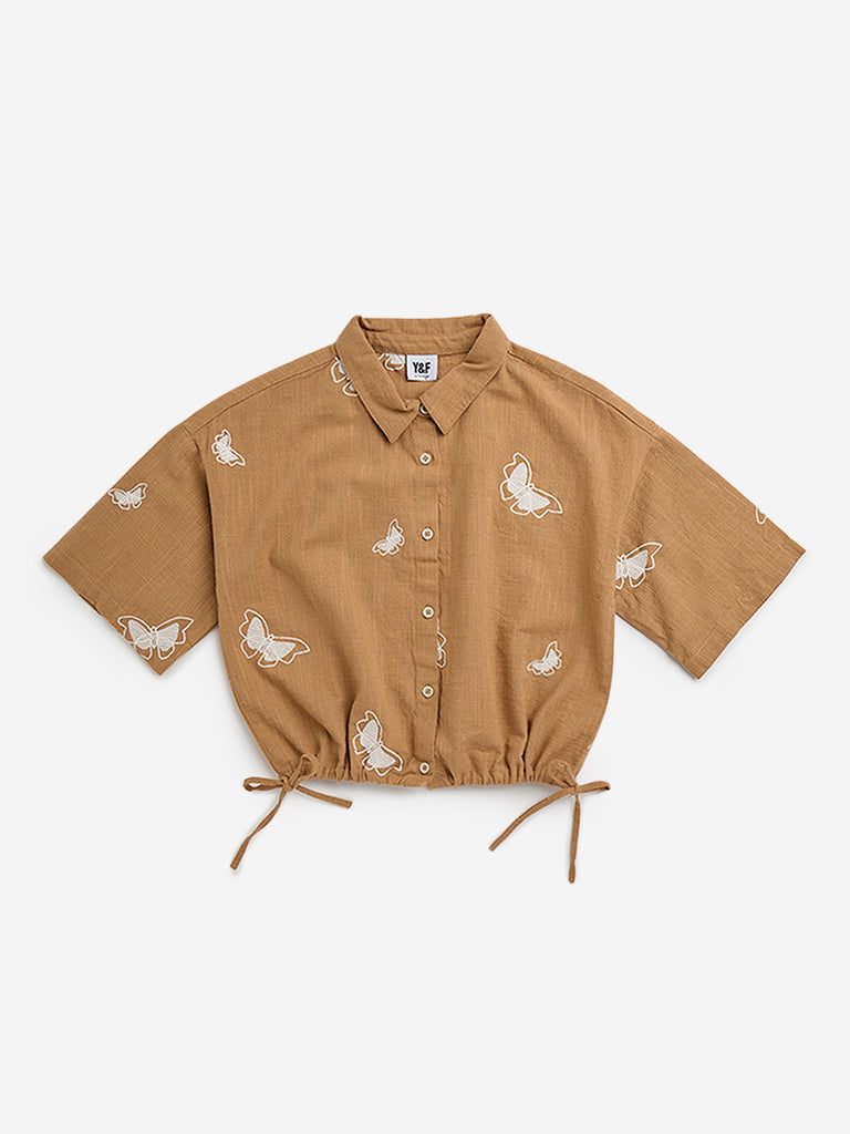 Y&F Kids Brown Butterfly Printed Cotton Shirt