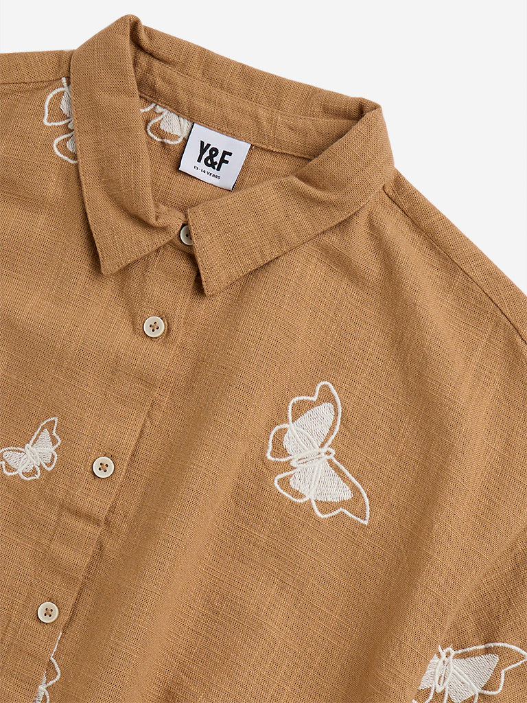 Y&F Kids Brown Butterfly Printed Cotton Shirt