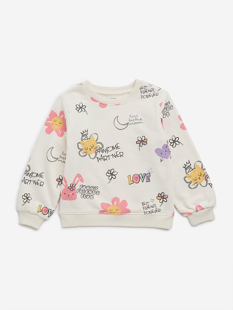 HOP Kids Off-White Graphic Printed Cotton Blend Sweatshirt