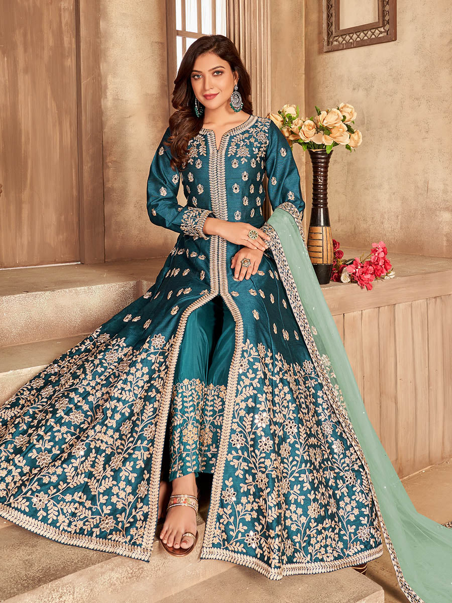 Teal Art Silk Embroidered Anarkali Suit